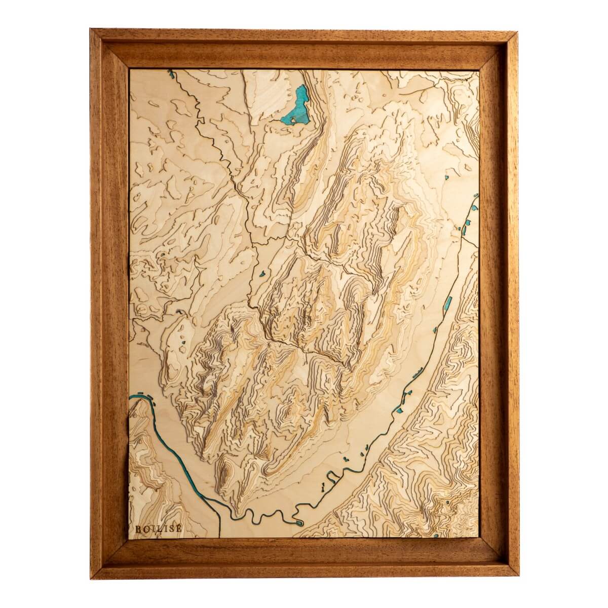 Carte du massif de la Chartreuse en bois avec eau turquoise