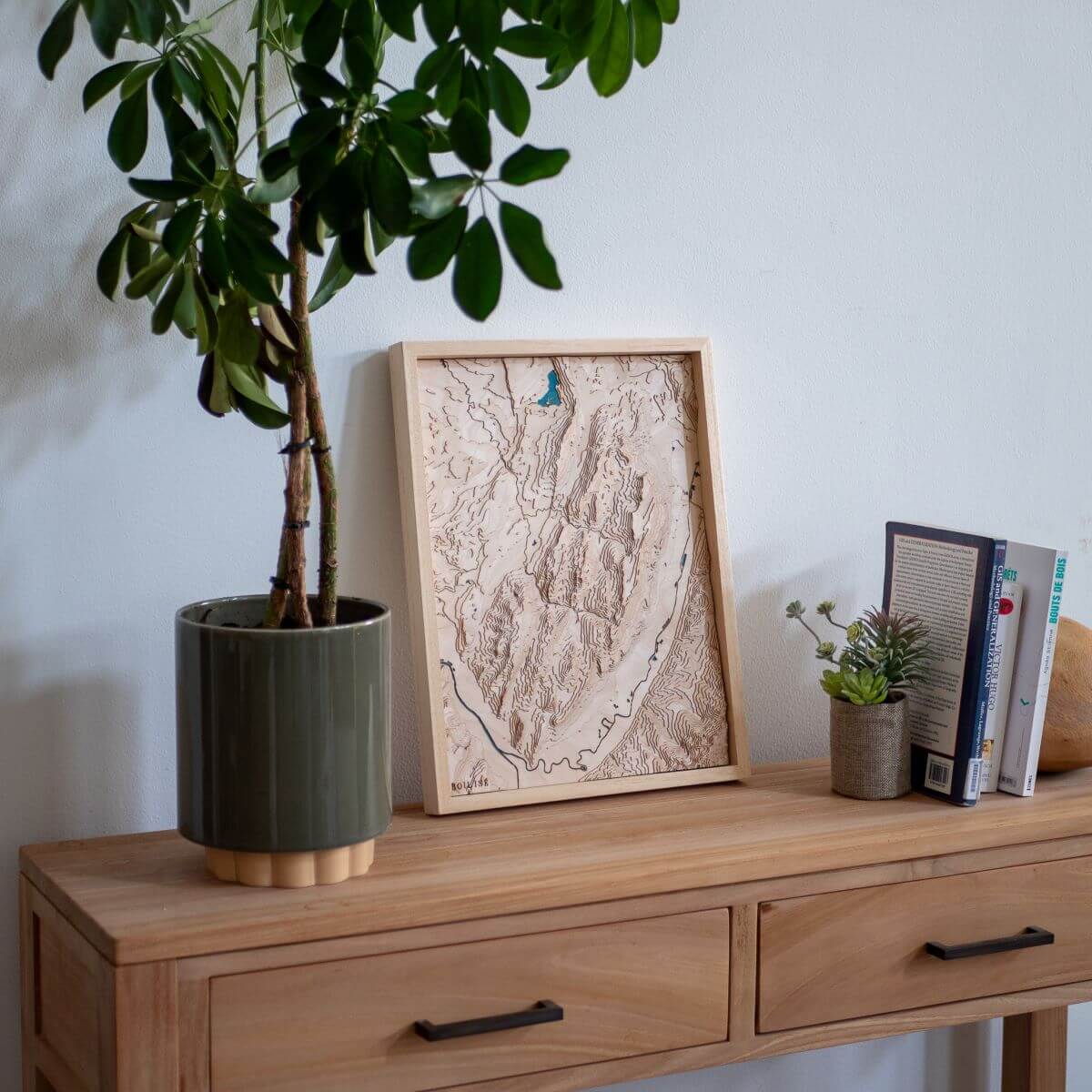 Carte du massif de la Chartreuse posée sur une commode d'entrée en bois